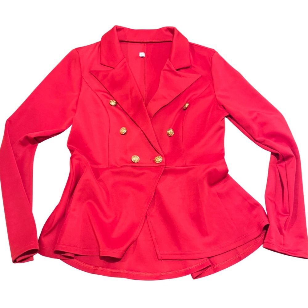 Red Double Breasted Peplum Power Blazer Gold Crest Buttons Military Style Jacket